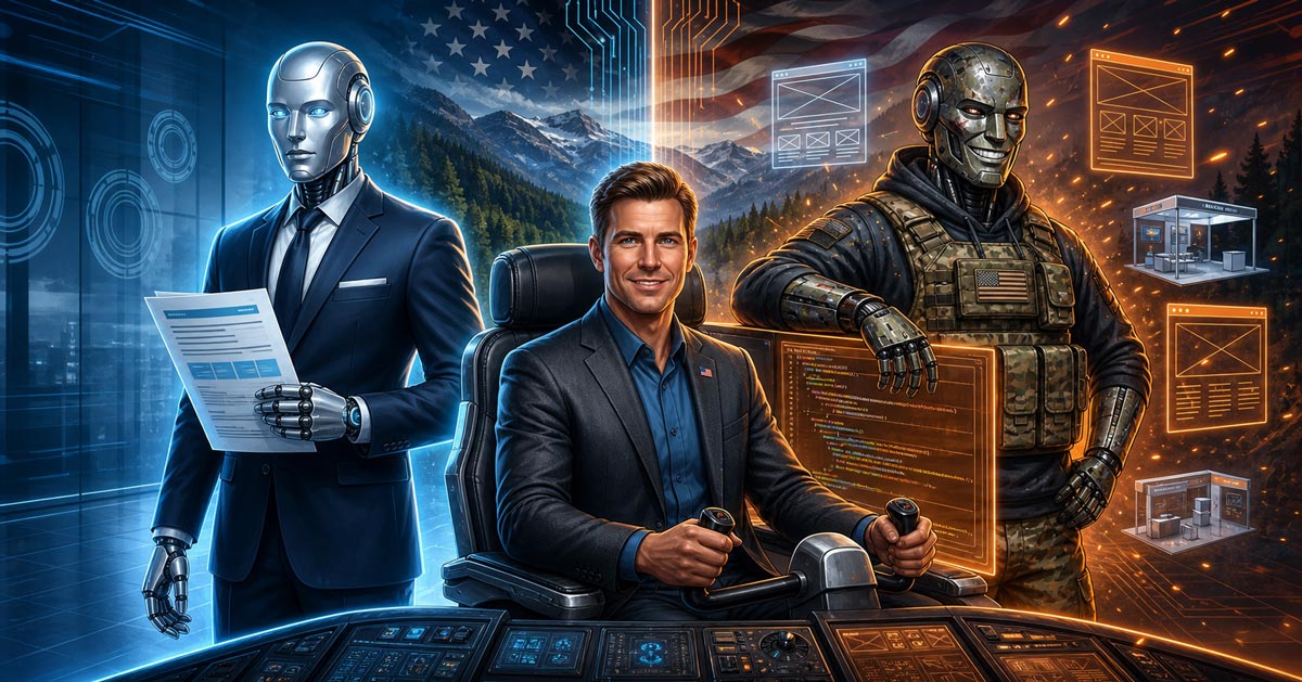 A smiling businessman sitting at a futuristic control console holding a steering yoke, flanked by a sleek robotic assistant in a suit on the left and a rugged combat robot in military gear on the right, with an American flag and mountains in the background.