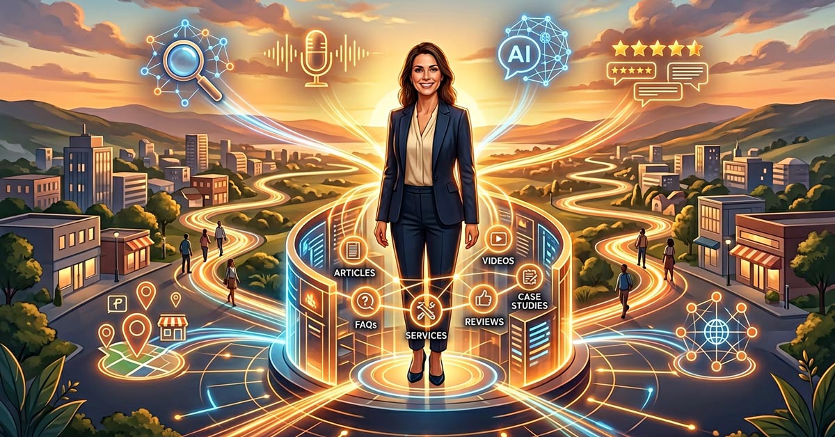 A professional woman stands at the center of a glowing digital hub connecting local business marketing elements like AI, reviews, videos, and articles to a surrounding city landscape at sunset.