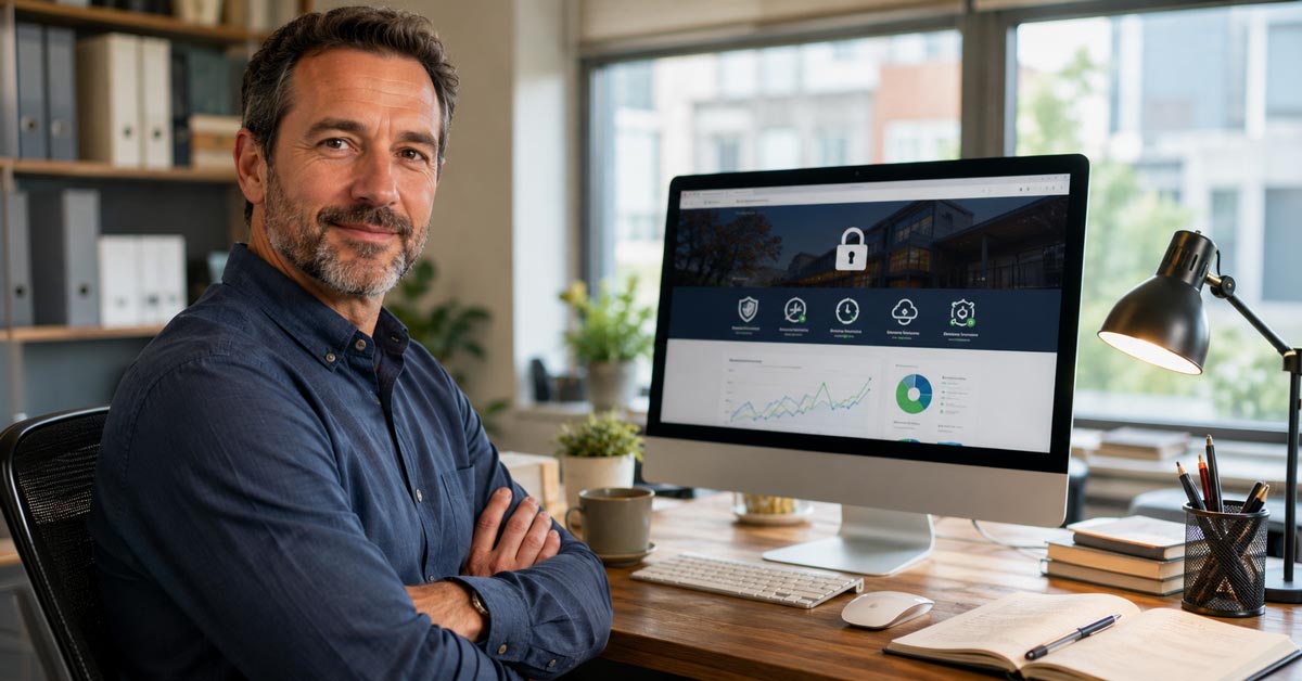 A confident, smiling middle-aged man with a graying beard sits with his arms crossed next to a computer monitor displaying a website security dashboard with a large padlock icon.